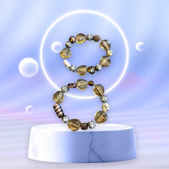 Boho Amber/Brown/Silver Chunky Beaded Stretch Bracelet - Picture 1 of 15